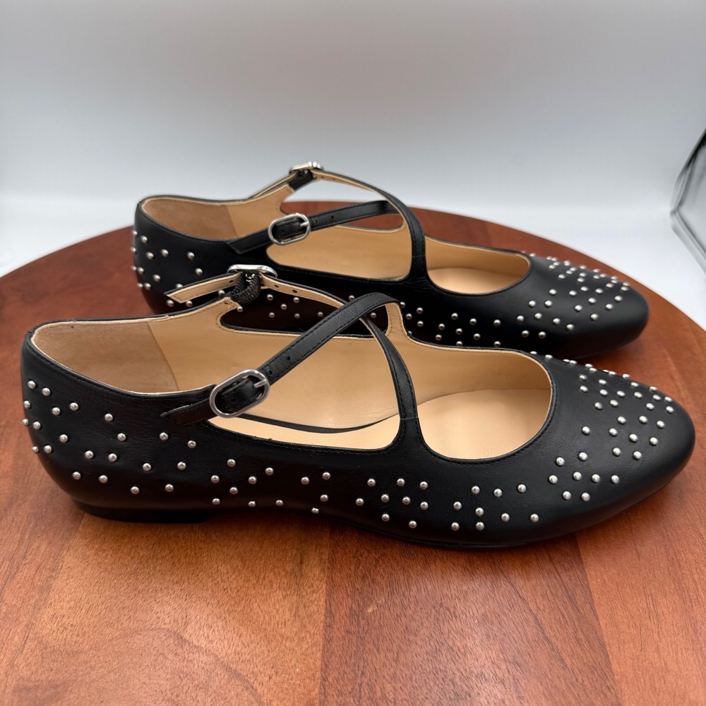 Maeve Black Leather Studded X Strap Mary Jane Ballet Flats Size 7.5 OB2397470